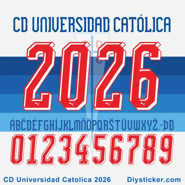 Puma Club Deportivo Universidad Católica 2026 Font Club Deportivo Universidad Católica 2026 font preview with alphabet and numbers from Diysticker.com