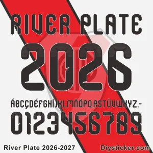 River Plate 2026-27 Font Download River Plate 2026-27 font preview with full alphabet and stylized numbers from Diysticker.com