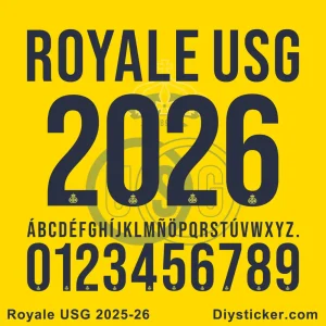 Royale Union Saint-Gilloise 2025-26 Font Preview Royale Union Saint-Gilloise 2025-26 font preview with letters, numbers, and club logo from Djysticker.com
