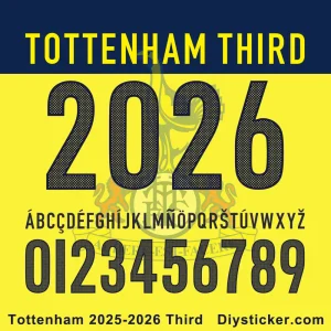 Tottenham 2025-26 Third Font Tottenham 2025-26 Third Font preview with full alphabet and numbers from Diysticker.com