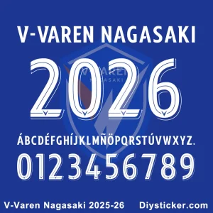 V-Varen Nagasaki 2025-26 Font V-Varen Nagasaki 2025-26 font preview with full alphabet, numbers, and club branding from Diysticker.com
