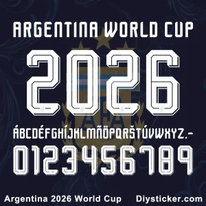 Argentina 2026 World Cup Away jersey font with 3-line 3D inline style numbers and letters.