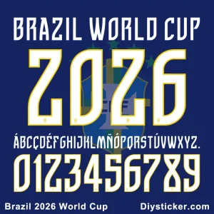 Brazil 2026 World Cup jersey font preview featuring full alphabet and number set in professional vector format.