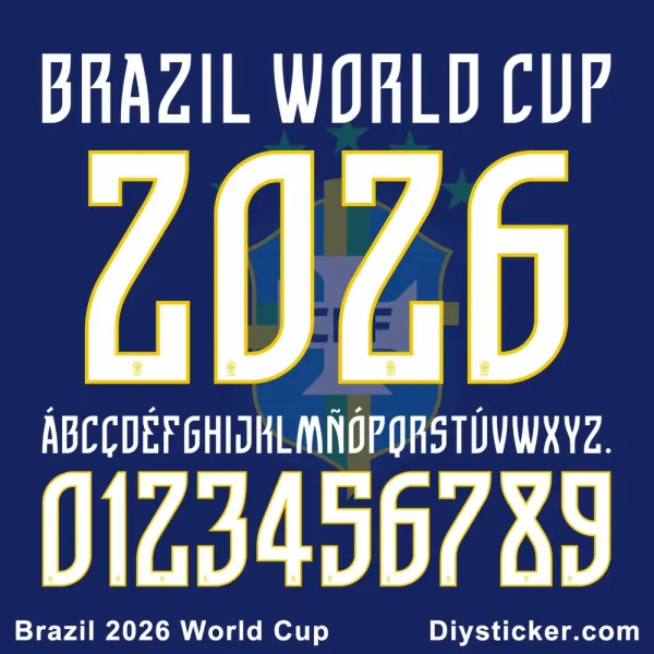 Brazil 2026 World Cup jersey font preview featuring full alphabet and number set in professional vector format.
