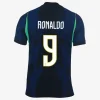 Ronaldo number 4 jersey back using the Brazil 2026 World Cup away kit font on a dark blue patterned background.