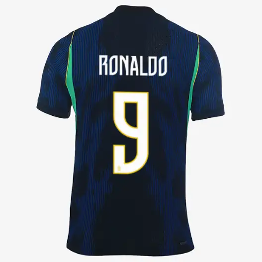 Ronaldo number 4 jersey back using the Brazil 2026 World Cup away kit font on a dark blue patterned background.