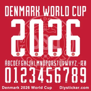Denmark 2026 World Cup Font Denmark 2026 World Cup jersey font full alphabet and number set vector preview.