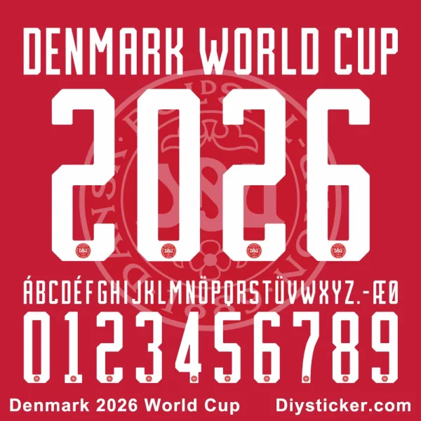 Denmark 2026 World Cup Font Denmark 2026 World Cup jersey font full alphabet and number set vector preview.