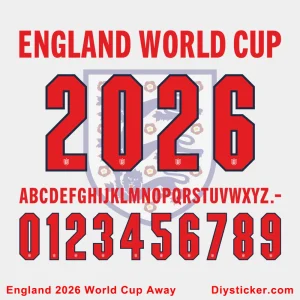 England 2026 World Cup font preview with letters and numbers in bold white typeface on green background