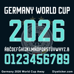 Germany 2026 World Cup Away font kit preview showing full alphabet and numbers with DFB logo detail.