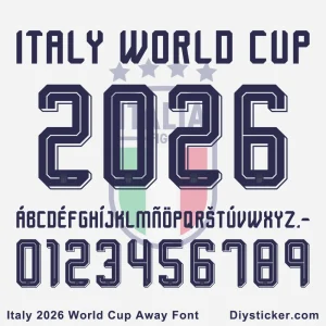Italy 2026 World Cup away font preview with Azzurri jersey mockup showing full alphabet