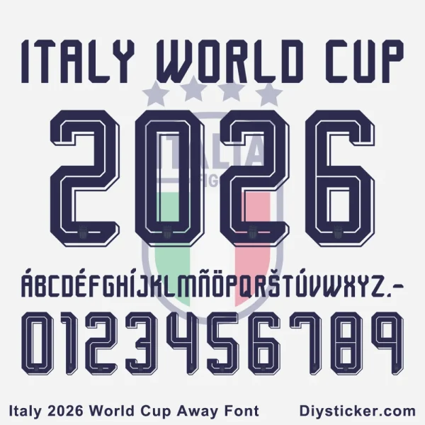 Italy 2026 World Cup Away Font Download Italy 2026 World Cup away font preview with Azzurri jersey mockup showing full alphabet