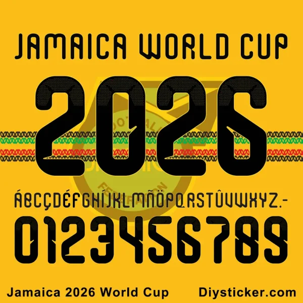 Jamaica 2026 World Cup Font Jamaica 2026 World Cup jersey font Tuff Gong style alphabet and numbers vector preview.