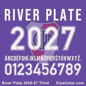 River Plate 2026-27 Third Kit font preview featuring full alphabet and numbers with diagonal line texture.