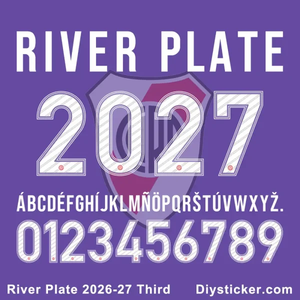 River Plate 2026-27 Third Font River Plate 2026-27 Third Kit font preview featuring full alphabet and numbers with diagonal line texture.