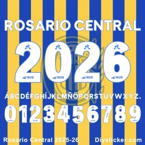 Rosario Central 2025-26 jersey font numbers and letters full set vector preview.