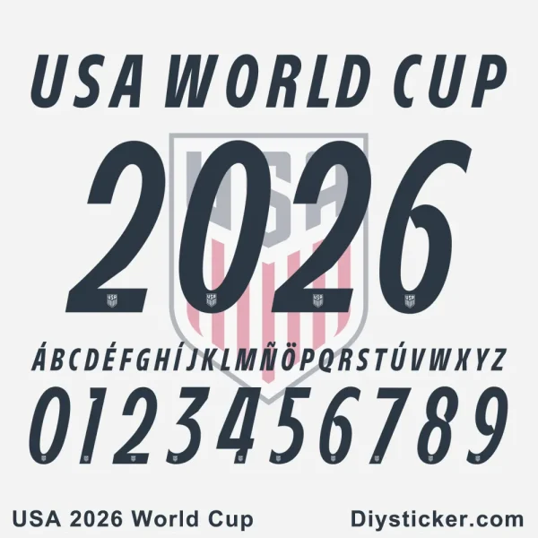 USA 2026 World Cup font vector preview showing letters, numbers, and the US soccer crest background.