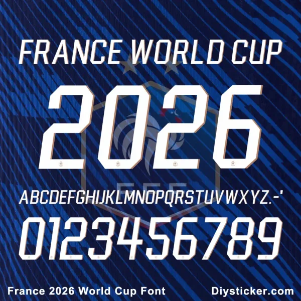 France 2026 World Cup Away Font Kit – Complete Vector Set France 2026 World Cup font kit preview showing letters, numbers, and design files including TTF, OTF, AI, CDR, PDF.