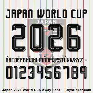 Japan 2026 World Cup away font preview with bold white letters and numbers on red background