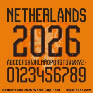 Netherlands 2026 World Cup font kit preview showing letters, numbers, and design files including TTF, OTF, AI, CDR, PDF.