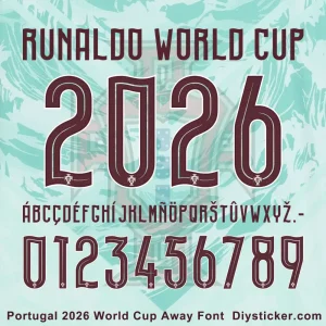 Portugal 2026 World Cup Away Font Preview Portugal 2026 World Cup Away Font preview showing letters and numbers inspired by the official Portugal away kit design.