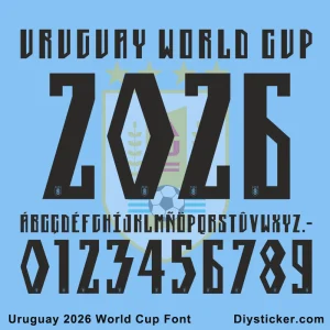 Uruguay 2026 World Cup Font preview showing black letters and numbers on a light blue background.