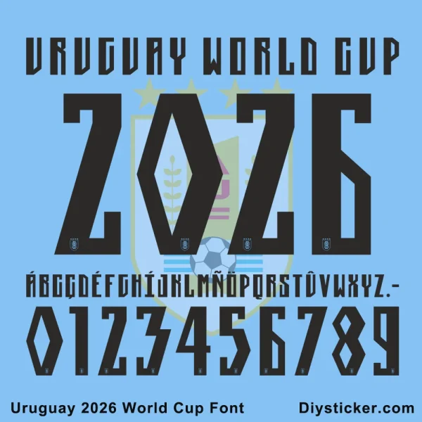 Uruguay-2026-World-Cup-Font-Full-Alphabet Uruguay 2026 World Cup Font preview showing black letters and numbers on a light blue background.