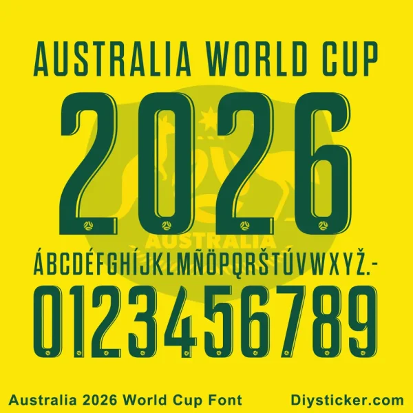 Australia 2026 World Cup Font Preview Australia 2026 World Cup jersey font full alphabet and numbers.