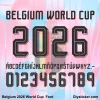 Belgium 2026 World Cup Away Font Preview - Full Character Set with Red Devils Typography Belgium 2026 World Cup Away Font sample – BELGIUM WORLD CUP 2026, uppercase A-Z period, and numbers 0-9 in bold modern style