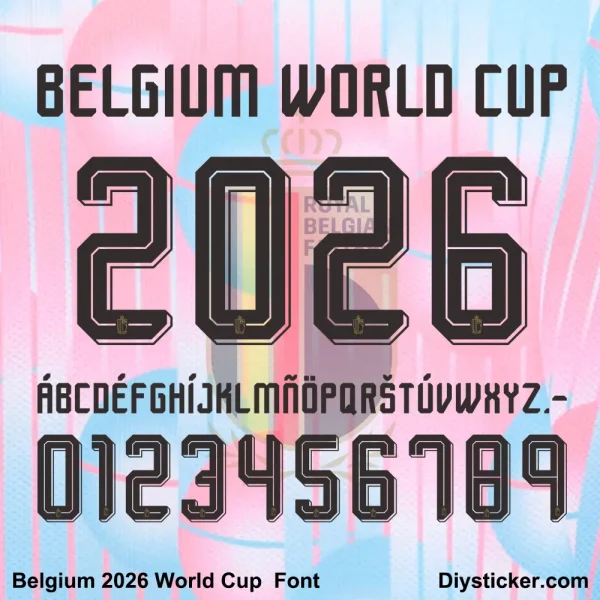 Belgium 2026 World Cup Away Font Preview - Full Character Set with Red Devils Typography Belgium 2026 World Cup Away Font sample – BELGIUM WORLD CUP 2026, uppercase A-Z period, and numbers 0-9 in bold modern style