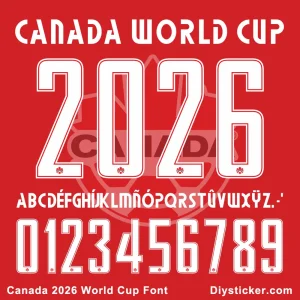 Canada 2026 World Cup Font – TTF OTF AI CDR PDF Preview Canada 2026 World Cup font sample with letters A-Z, numbers 0-9, and colon symbol.