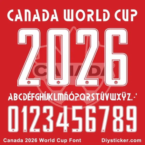 Canada 2026 World Cup Font – TTF OTF AI CDR PDF Preview Canada 2026 World Cup font sample with letters A-Z, numbers 0-9, and colon symbol.