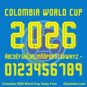 Colombia 2026 World Cup Away Font – TTF OTF AI CDR PDF Colombia 2026 World Cup away font sample with letters A-Z, numbers 0-9, and punctuation