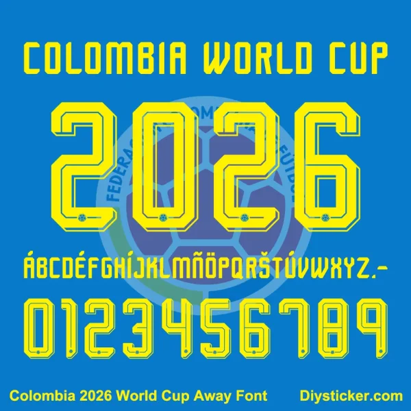 Colombia 2026 World Cup Away Font – TTF OTF AI CDR PDF Colombia 2026 World Cup away font sample with letters A-Z, numbers 0-9, and punctuation