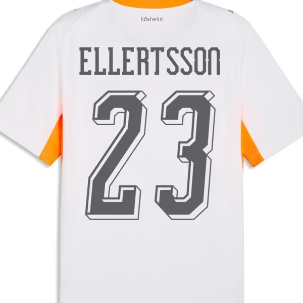 Iceland 2026 World Cup Away Kit Font Preview Back view of Iceland 2026 World Cup away jersey in white with grey 3D font for Ellertsson number 23.