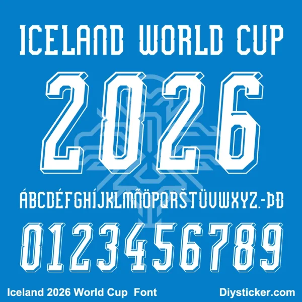 Iceland 2026 World Cup Font Preview - Full Character Set with Geometric Scandinavian Design Iceland 2026 World Cup Font sample – ICELAND WORLD CUP, uppercase A-Z hyphen, and numbers 0-9 in bold geometric style