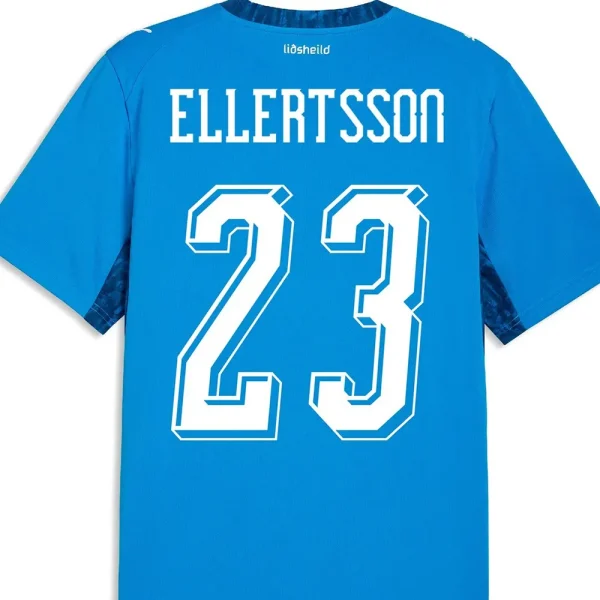 Iceland 2026 World Cup Home Kit Font Preview Back of Iceland 2026 World Cup home jersey in blue with white 3D font for Ellertsson number 23.