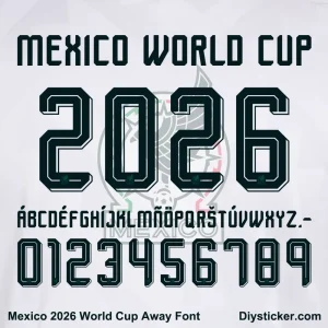 Mexico 2026 World Cup Away Font Preview - Complete Character Set Mexico 2026 World Cup Away Font sample – uppercase A-Z, numbers 0-9, and Mexico World Cup 2026 logo design