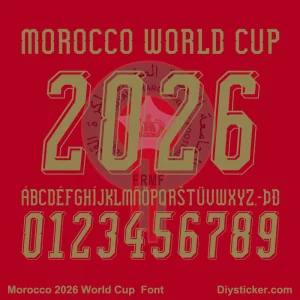 Morocco 2026 World Cup Font sample – MOROCCO WORLD CUP with AR ERMF style, uppercase A-Z hyphen, and numbers 0-9