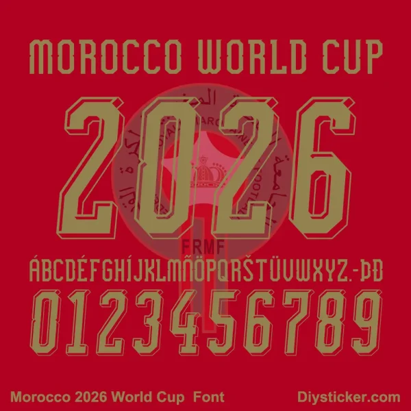 Morocco 2026 World Cup Font Preview - Full Character Set with AR ERMF Style Morocco 2026 World Cup Font sample – MOROCCO WORLD CUP with AR ERMF style, uppercase A-Z hyphen, and numbers 0-9
