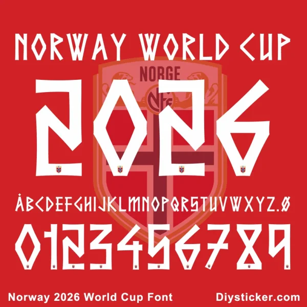 Norway 2026 World Cup Font Vector and TTF Norway 2026 World Cup Font preview showing numbers 2026 and full alphabet in white on red background.