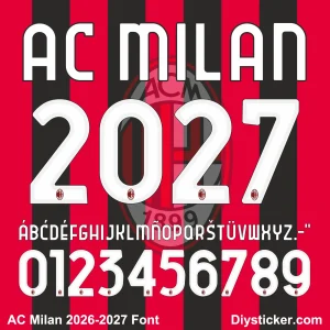 AC Milan font 2026/2027 sample sheet showing letters A-Z and numbers 0-9 in club style.