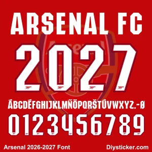 Arsenal 2026-2027 font download preview featuring white numbers, letters, and vector crest layout on a red background.