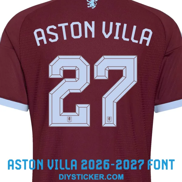 aston-villa-2026-2027-jersey-font-27 Aston Villa 2026-2027 shirt font close up showing numbers twenty seven on maroon home jersey back layout