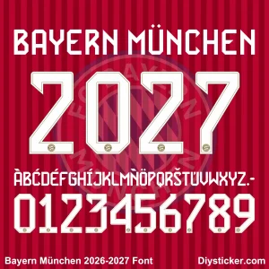 bayern-munich-2026-2027-font-vector-preview Bayern Munich 2026-2027 jersey font preview featuring white numbers and letters on a red striped background.