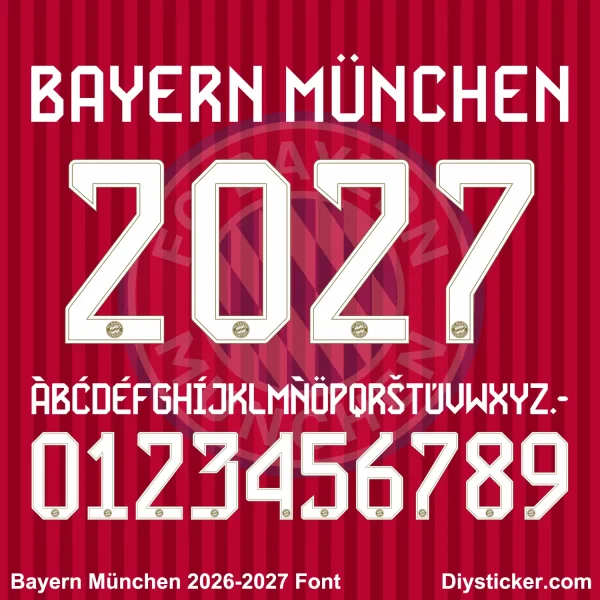 bayern-munich-2026-2027-font-vector-preview Bayern Munich 2026-2027 jersey font preview featuring white numbers and letters on a red striped background.