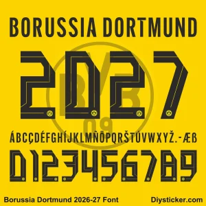 Borussia Dortmund 2026-2027 Font Preview Borussia Dortmund 2026-27 jersey font letters and numbers for kit customization.