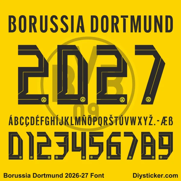 Borussia Dortmund 2026-2027 Font Preview Borussia Dortmund 2026-27 jersey font letters and numbers for kit customization.