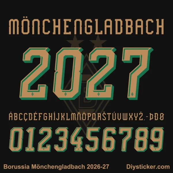 Borussia Monchengladbach 2026-2027 Font Kit Borussia Mönchengladbach 2026-2027 Font vector preview with 3D numbers and characters for jersey printing.