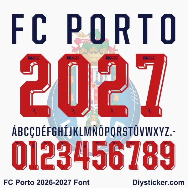 FC Porto 2026-2027 Font Download sheet FC Porto 2026-2027 Font Download sheet featuring red 3D numbers and navy blue alphabet letters vector layout.